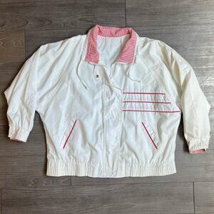 Vtg 80s White & Red Stripe Snap Front Windbreaker Jacket Izzi Size 2XL